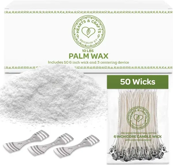 Hearts & Crafts Feathering Palm Candle Wax and Wicks for DIY Candle Making, All-Natural & RSPO Certified - 10lb Bag with 50ct 6” Pre-Waxed Candle Wicks, 3 Centering Device