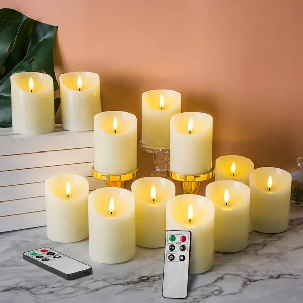 Eywamage Ivory Flameless Pillar Candles with Remote Set of 12, Real Wax Flick...