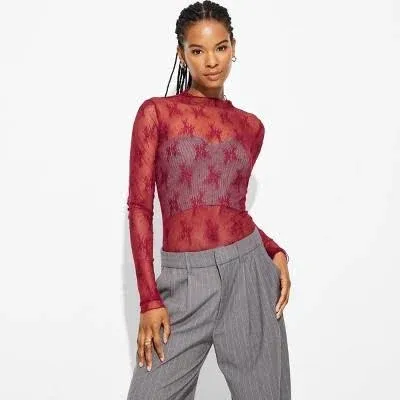 Mock Neck Long Sleeve See Through Top