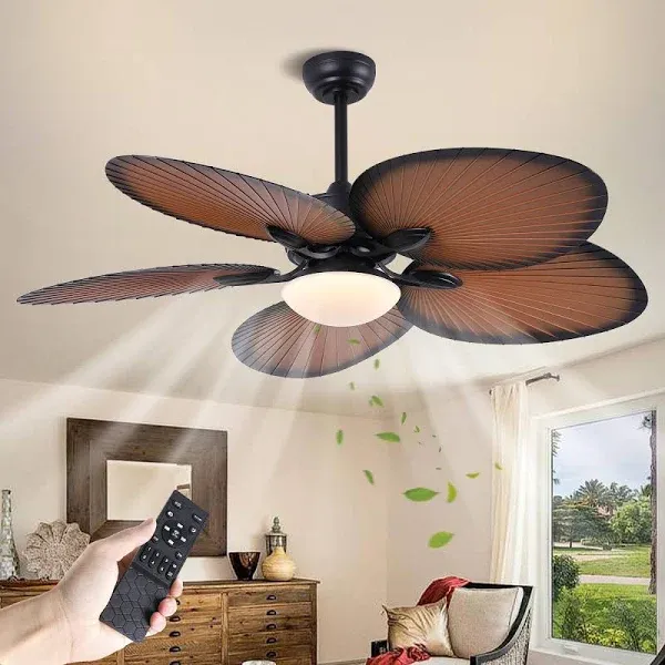 52&#034; Ceiling Fan LED Light Indoor Outdoor Downrod Bronze w/5 Palm Tropical Blades