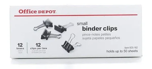 Office Depot Binder Clips Small 3/4" Wide 3/8" Capacity Black 12 Clips Per Box Pack