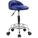 KKTONER PU Leather Round Rolling Stool with Foot Rest Height Adjustable Swivel Drafting Work Spa Task Chair with Wheels (Blue)