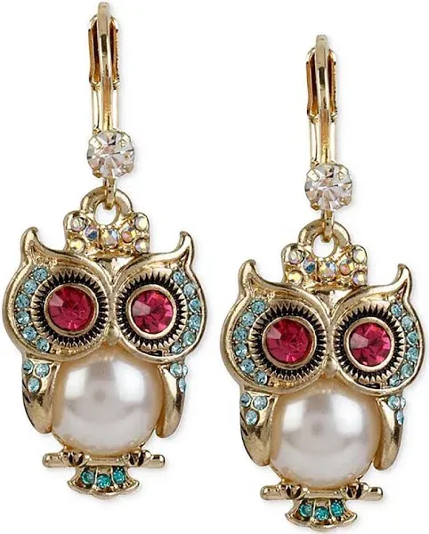 Betsey Johnson Gold-Tone Ornate Owl Drop Earrings