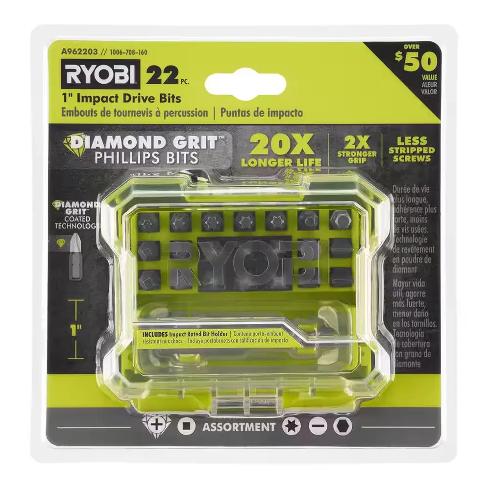 RYOBI 1 in. Diamond Grit Impact Drive Bits (22-Piece) with Case NEW A962203