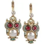 Betsey Johnson Women's Crystal Pearl Owl Drop Earrings