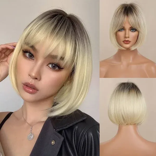 Blonde Bob Wig with Bangs Short Hair Wigs for Women Ombre Blonde Wig Straight Bo