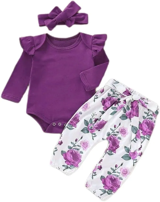 Newborn Baby Girl Clothes, Infant Girl Outfits Long Sleeve Ruffle Romper + Floral Pants + Headband Set