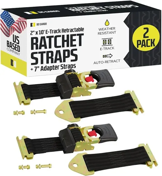 DC Cargo Bolt-On E-Track Auto Retractable Ratchets Straps Heavy Duty - (2 Pack)