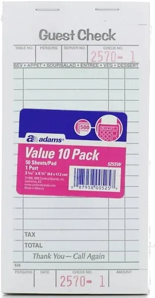 Adams Guest Check Form Pads, Single Part, Perforated, 50 Sheets per Pad, 5 Pads per Pack.