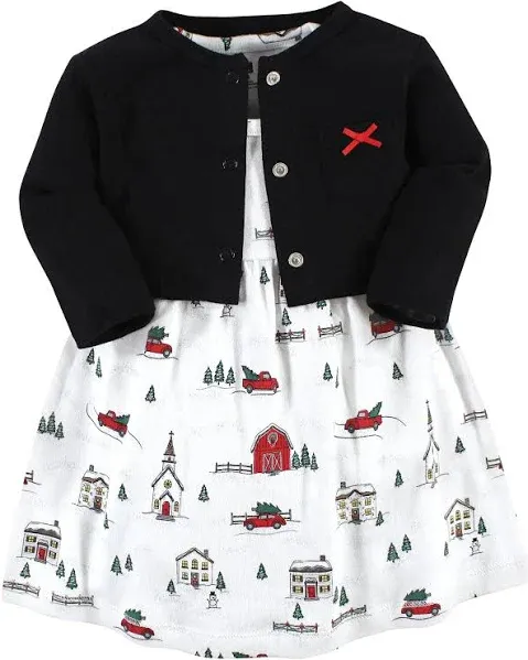 Hudson Baby Baby Girls' Christmas Scene Cotton Dress and Cardigan Set