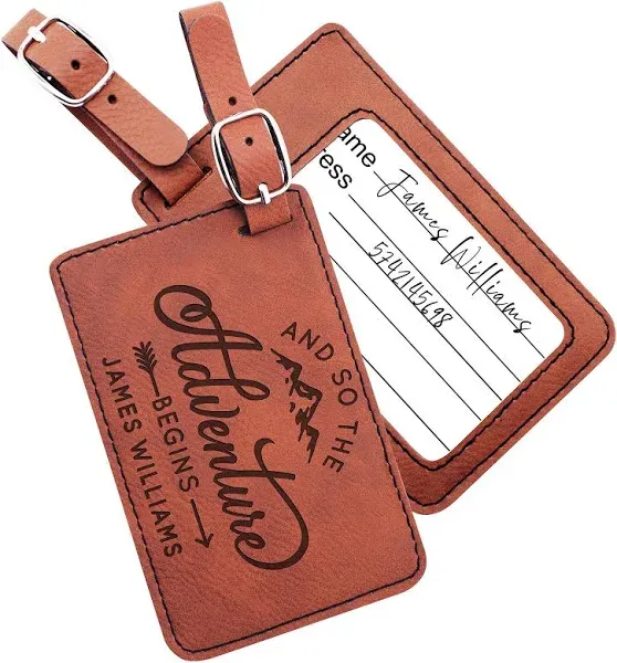 Personalized Leather Luggage Tags Gifts with Engraved Design and Name - Traveler Gifts for Women, Men, Kids - Custom Suitcase Tag for Honeymoon - Gifts for Travelers | Chestnut