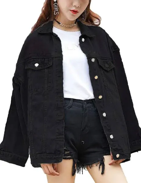 Women&#x27;s Oversized Mid Long Denim Jacket Jean Biker Coat Black