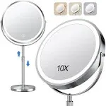 10x Large Lighted Makeup Mirror, Rechargeable 8" Height Adjustable Vanity Mirror, 1x/10x Magnifying Mirror with 3 Color, Brightness Adjustable, 360°