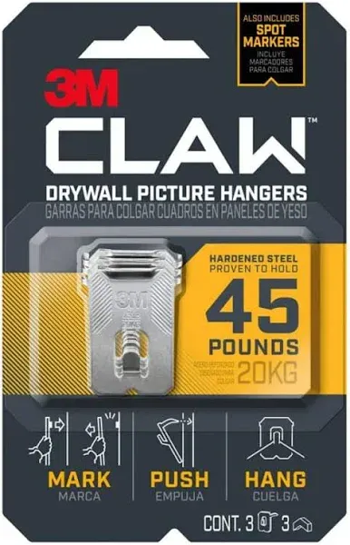 3M™ CLAW Drywall Picture Hanger 45-lb Capacity, Pack of 3 Hangers, 3 Spot Markers