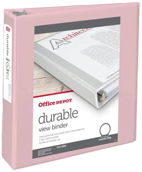 Office Depot Durable View Round-Ring Binders, 1-1/2&#034; Round Rings, Pink