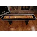 Atomic 9’ Platinum Shuffleboard Table with Poly-coated Playing Surface for Smooth, Fast Puck Action and Pedestal Legs with Levelers for Optimum Stability and Level Play