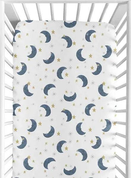 Moon and Star Collection Boy or Girl Fitted Crib Sheet - Navy Blue and Gold Watercolor Celestial Sky