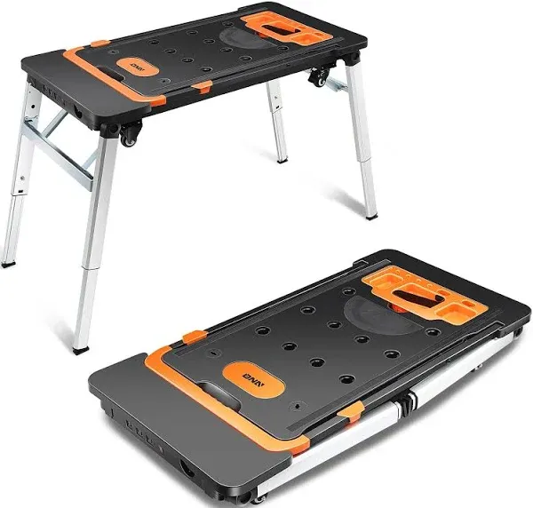 Rengue Multifunctional Folding Work Table, Portable Work Benches with 7 Modes as Workbench, Sawhorse, Scaffold, Hand Truck and More with 4 Wheels