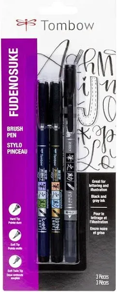 Tombow 62039 Fudenosuke Brush Pens, 3-Pack. Soft, Hard, and Twin Tip Markers for Calligraphy and Art Drawings