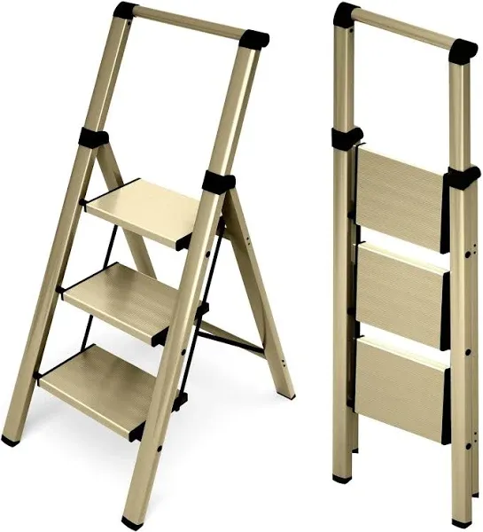 HillhutApex 3 Step Foldable Aluminum Step Ladder with Handgrip, Anti-Slip Wid...