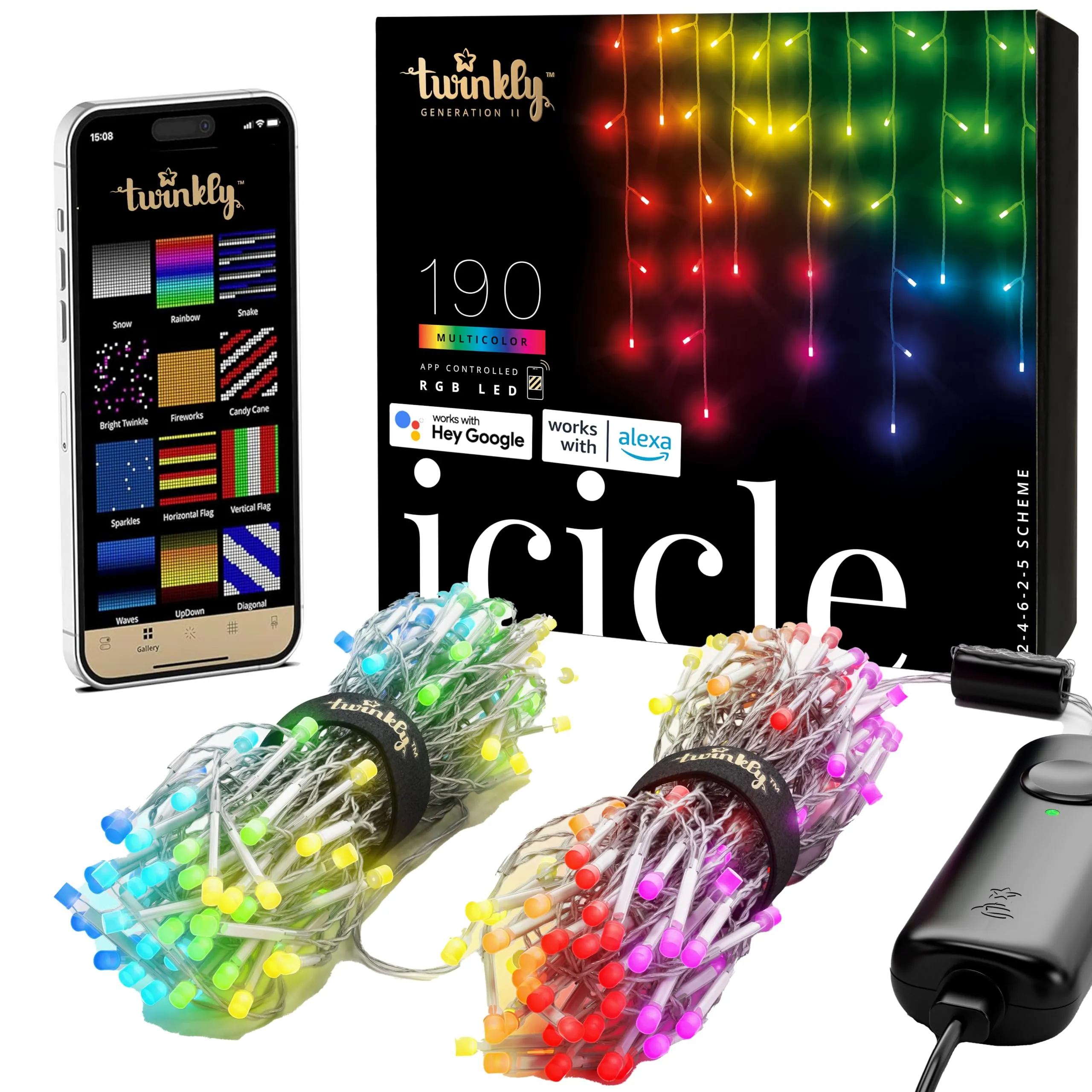 Twinkly Icicle App-Controlled Smart 190 Multicolor RGB LED Christmas Lights