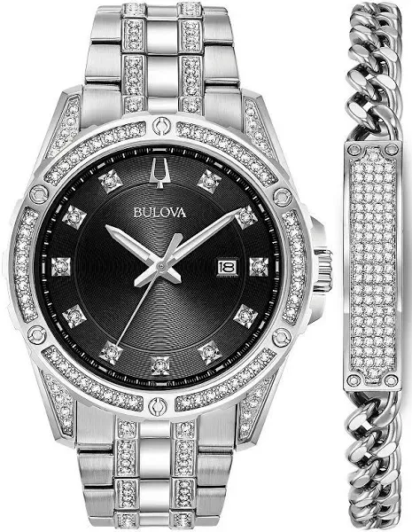 Bulova Mens Quartz Crystal Accents Black Dial Silver Watch 43mm 96K105