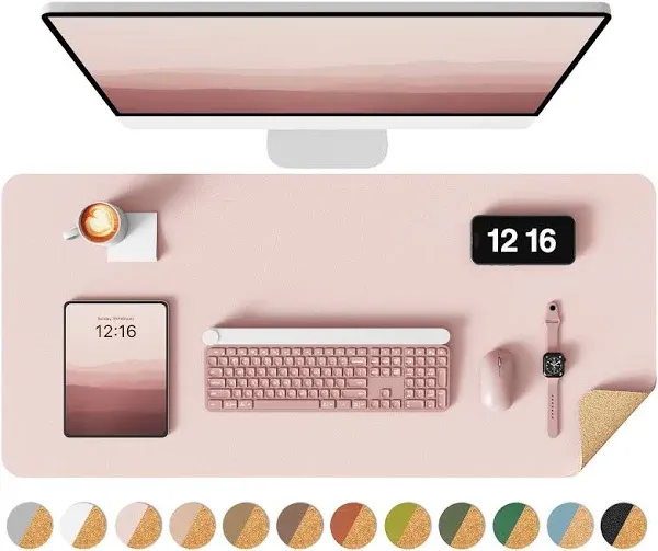 YSAGi Double-Sided Desk Pad, 35.4"x17"Leather Desk Mat, Eco Cork Desk Pad Protector,Large Mouse Pad,Waterproof Desk Blotter for Office/Home(Pink)