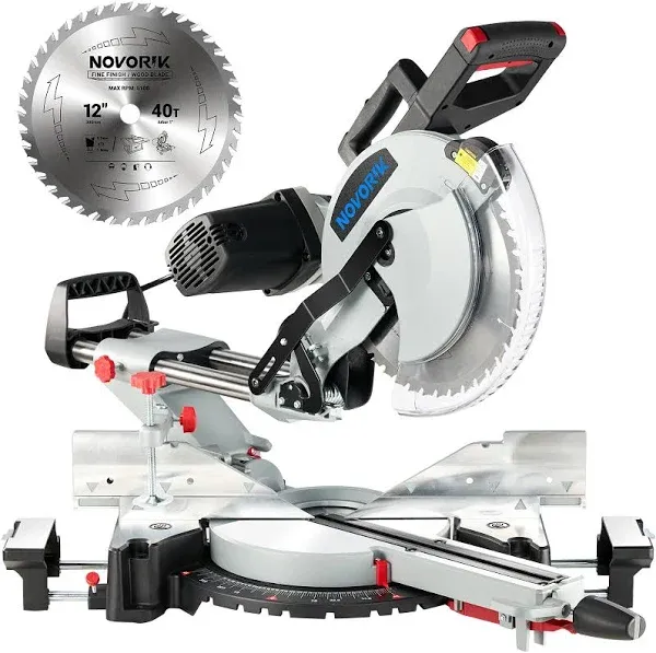 NOVORIK 12&quot; Double Bevel Compound Sliding Miter Saw, Double-Bevel Corded Miter Saw with Laser Guide &amp; 15-Amp Heavy-Duty Motor, Sliding Miter Saw with TCT Saw Blade for Woodworking