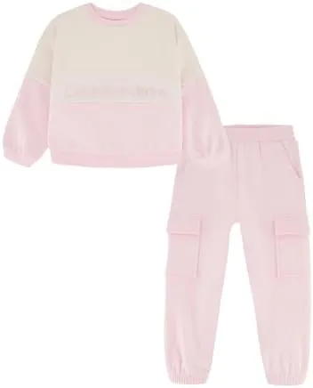 Calvin Klein Toddler and Little Girls Fleece Color Block Crew Neck Cargo Joggers