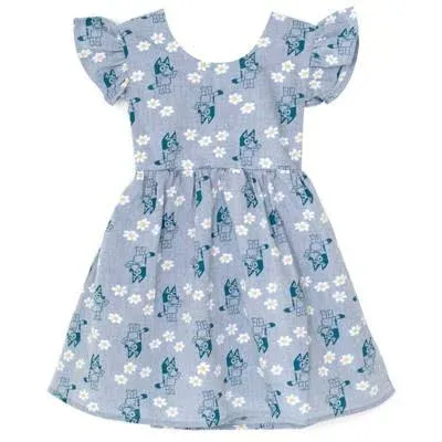 Bluey Floral Toddler Girls Chambray Skater Dress Blue 4T