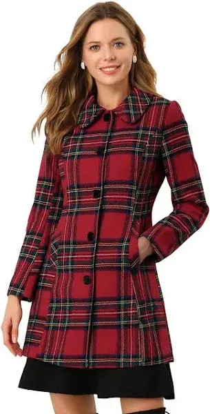 Allegra K Women's Buffalo Checks Winter Peter Pan Collar Long Plaid Coat