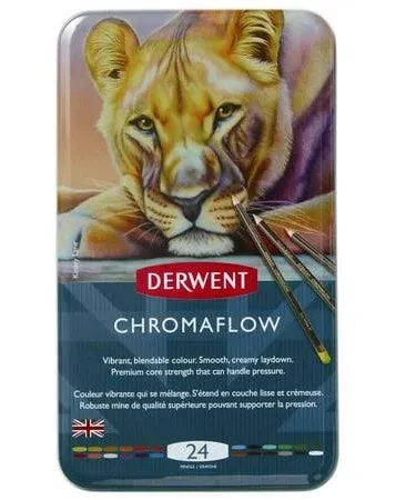 Derwent Chromaflow Colored Pencils Tin, Set of 24, Great for Holiday Gifts, 4mm Wide Core, Multicolor, Smooth Texture, Art Supplies for Drawing, Blending, Sketching, Professional Quality (2305857)