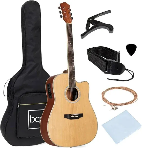 Best Choice Products Beginner Acoustic Electric Guitar Starter Set 41in w/All Wood Cutaway Design, Case, Strap, Picks - Black