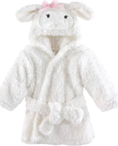 Hudson Baby Infant Girl Plush Animal Face Bathrobe, Girl Lamb, 0-9 Months