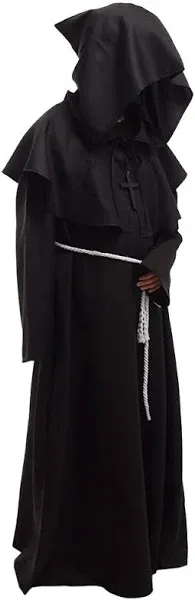 Friar Medieval Hooded Monk Renaissance Priest Robe Costume Cosplay (S, Black)