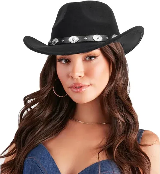 Black Cowboy Cowgirl Hat for Women Men Western Style Wide Brim Felt Fedora Pa...