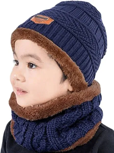 T WILKER 2Pcs Kids Winter Knitted Hats+Scarf Set Warm Fleece Lining Cap for 5-14 Year Old Boys Girls