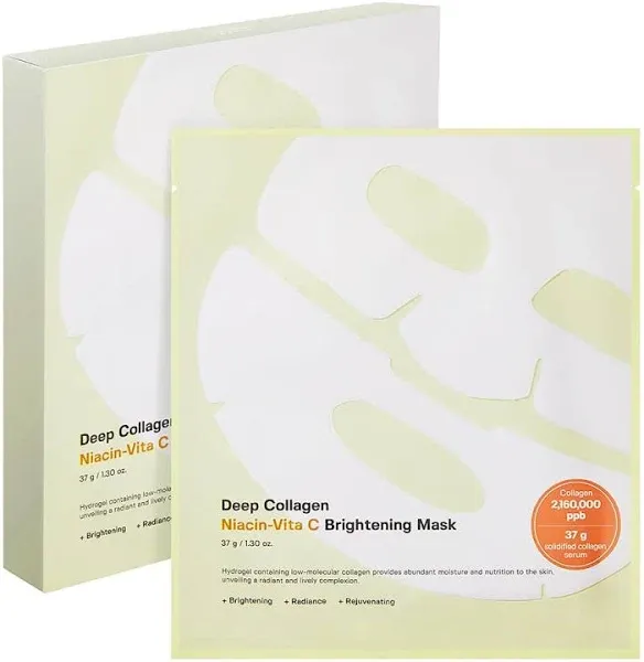 Deep Collagen Niacin-Vita C Overnight Mask 37gx4ea | The real collagen 2,160,000ppb | Facial Hydrogel Masks with low molecular weight collagen for elasticity and glowing