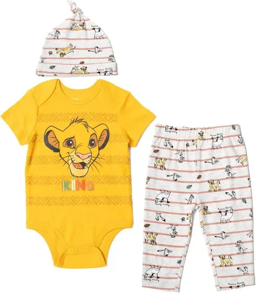 Disney Lion King Simba Timon Pumbaa Bodysuit Pants and Hat 3 Piece Outfit Set Newborn to Infant