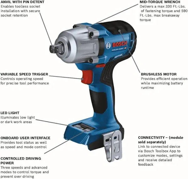 BOSCH GDS18V-330CN 18V Brushless Cordless Connected-Ready 1/2 In. Mid-Torque Impact Wrench with Friction Ring and Thru-Hole (Bare Tool)