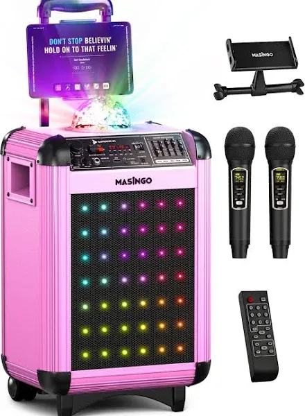 MASINGO Karaoke Machine for Adults and Kids with 2 Bluetooth Wireless Microphones. Portable Singing PA Speaker System with Disco Ball Party Lights