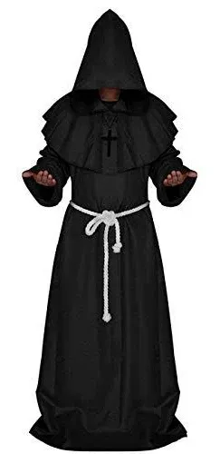 Friar Medieval Hooded Monk Renaissance Priest Robe Costume Cosplay (S, Black)