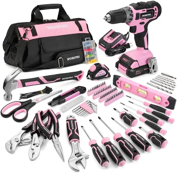 WORKPRO Pink Drill Set with UPGRADED Tool Bag, 157PCS Tool Kit For Home with 20V Cordless Drill Driver, Household Pink Tool Set including Screwdriver, Hammer, Tool Kit for Women and Men-Pink Ribbon