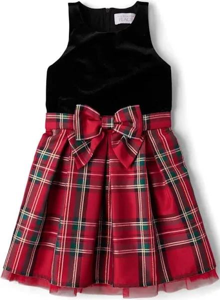 The Children's Place Girls' Sleeveless Dressy Dresses, Classic Red Plaid Velour