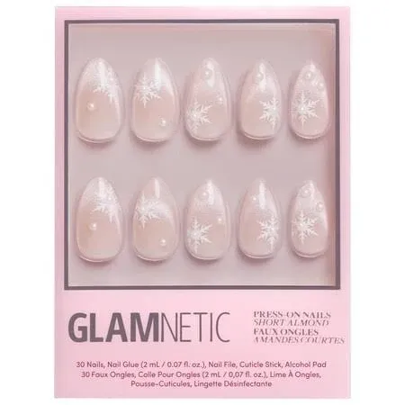 Glamnetic Press On Nails - Snowfall | Semi-Transparent Snowflake & 3D Pearl Accent Almond False Nails, Reusable Stick On Fake Nails with Glue | Salon Quality | 15 Sizes - 30 Nail Kit