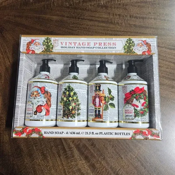 VINTAGE PRESS HOLIDAY HAND SOAP COLLECTION 4 BOTTLES 21.5 FL OZ *DISTRESSED PKG