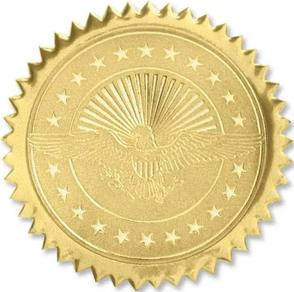 American Eagle Embossed Gold Foil Certificate Seals, 2 Inch, Self Adhesive, 1...