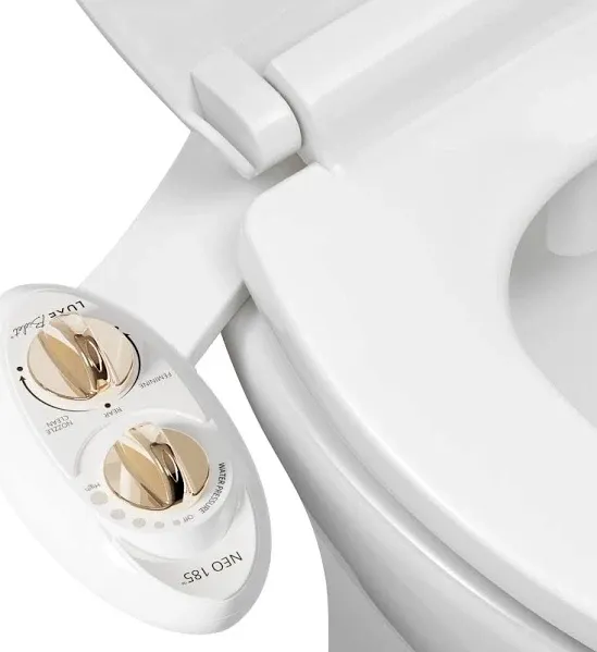 LUXE Bidet NEO 185 - Self-Cleaning, Dual Nozzle, Non-Electric Bidet Attachment for Toilet Seat, Adjustable Water Pressure, Rear and Feminine Wash (Gold)