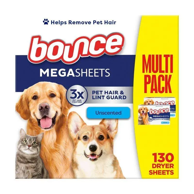 Bounce Pet Hair and Lint Guard Mega Dryer Sheets, Unscented - 130 ct