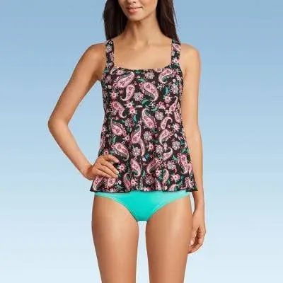 Lands' End Womens Chlorine Resistant Flutter Scoopneck Tankini Top Black Long Torso Medium